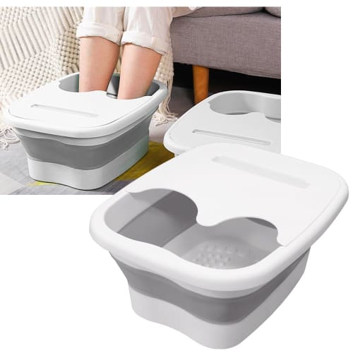 Portable, lightweight foldable footbath bucket with a smartphone holder, insulated lid, and acupressure massage function (white)