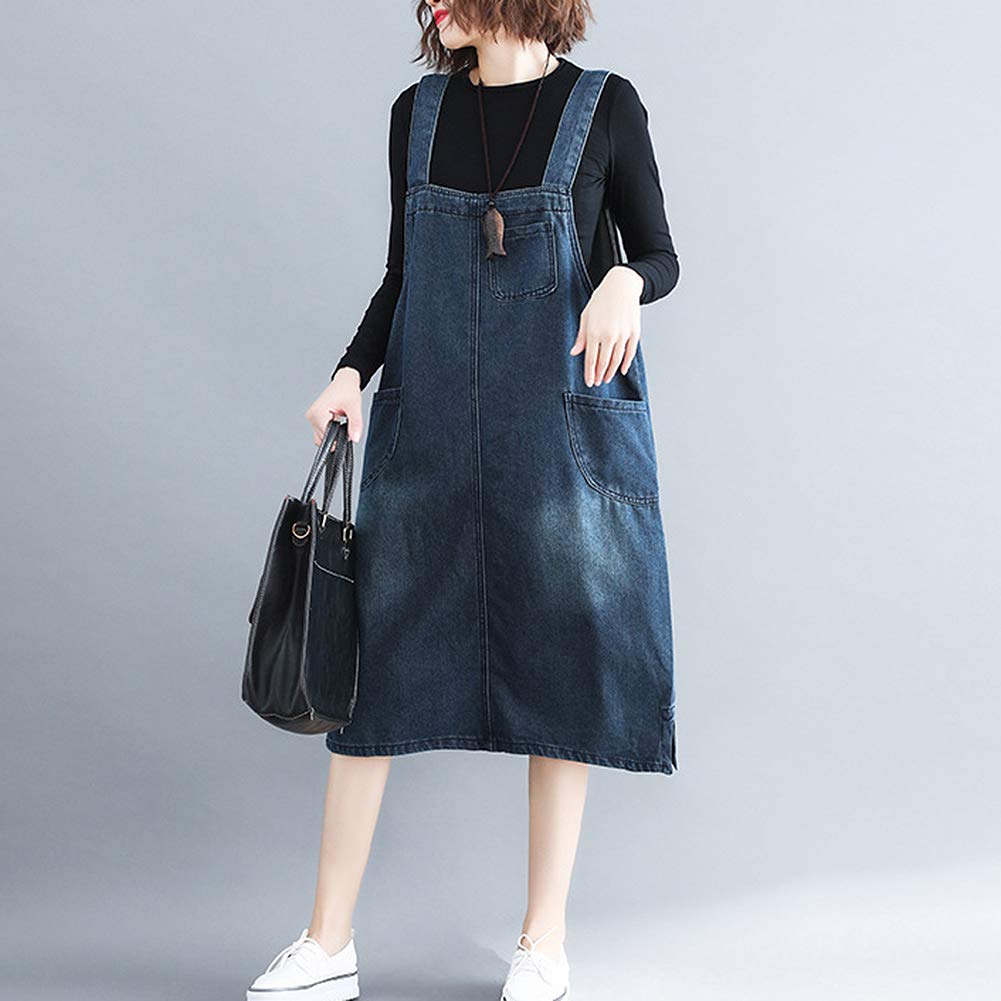 Anmida Denim Overalls Dress Relaxed Skirt, Fit, Stylish, Cute, Figure-Flattering, Pockets, Knee-Length, Spring/Summer