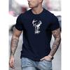 Men's Summer Casual T-Shirt with Deer Head Design - Breathable Polyester, Crew Neck, Short Sleeve