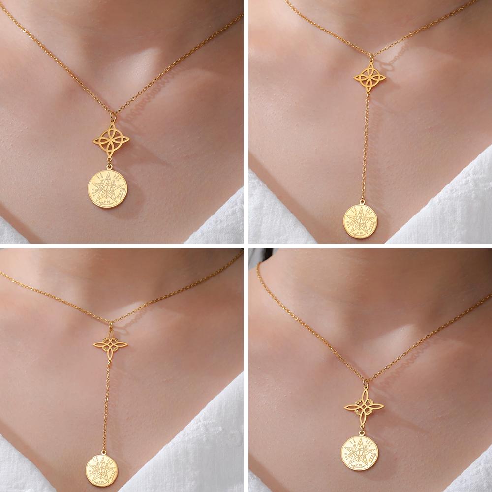Cazador Witch Knot Tetragrammaton Pentagram Pendant Necklace Stainless Steel Vintage Double Amulet Protection Necklaces Jewelry