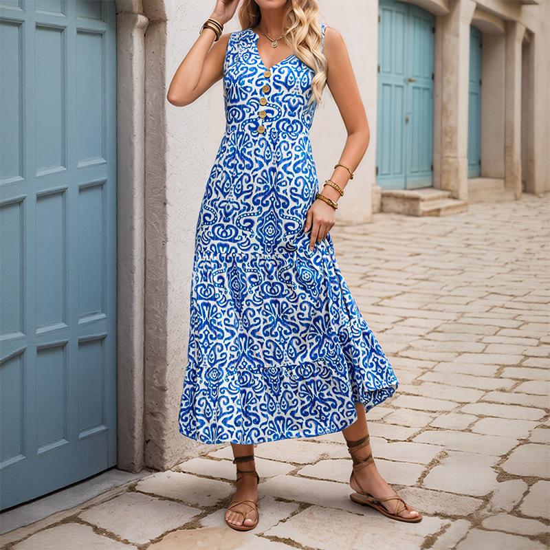 2025 summer new medium and long fashion sleeveless v-neck abstract pattern print dress