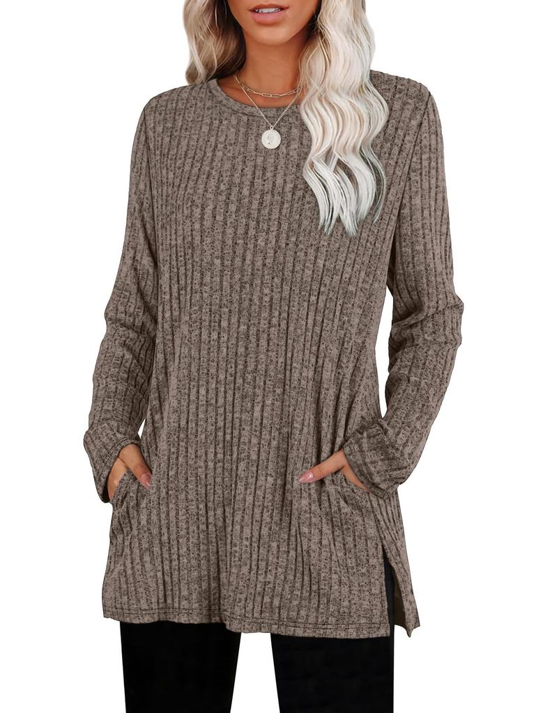 Women's Ribbed Knit Long Sleeve Tunic Top Crew Neck Side Split Casual Blouse With Pockets