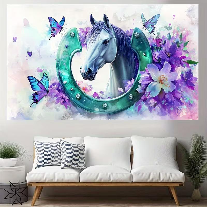 2D Pastel Ink Wash Horse Horseshoe Floral Bedroom Tapestry 47.2x31.5inch/120*80cm