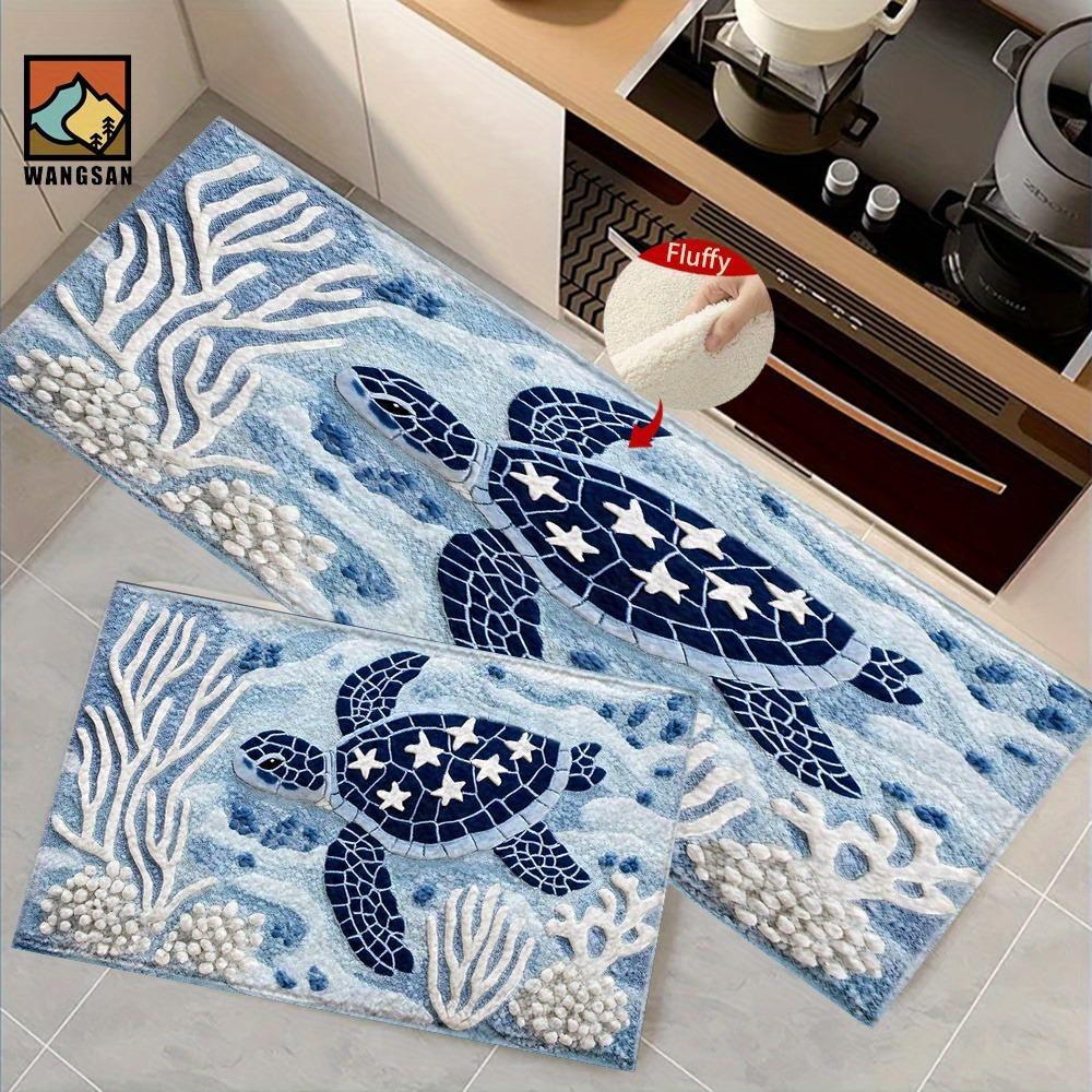 Sea Turtle Ocean Print Bath Mat Non Slip Washable Bathroom Rug Blue White Marine Decor Kitchen Entryway Floor Mat 1PC