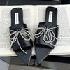 Fashion Metal Beaded Bow Decoration Flat Slippers Women Summer Sexy Pointed Toe Open Toe Slide Sandals Soft Leather Cozy Beach Sandals