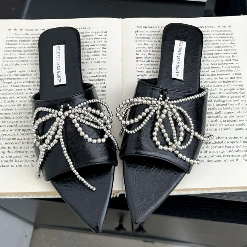 Fashion Metal Beaded Bow Decoration Flat Slippers Women Summer Sexy Pointed Toe Open Toe Slide Sandals Soft Leather Cozy Beach Sandals
