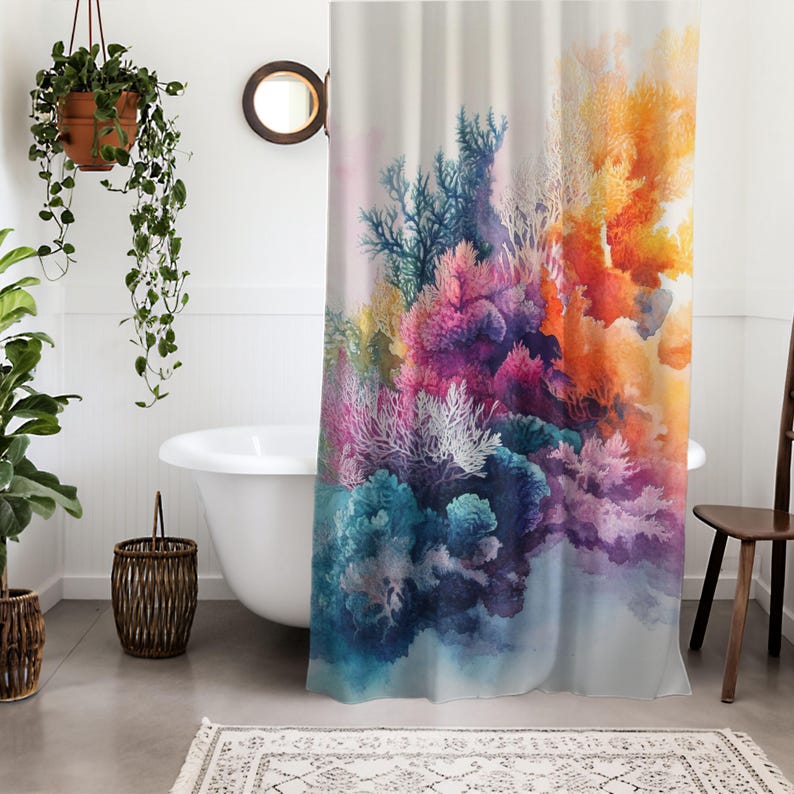 "Watercolor Coral Abstract Shower Curtain - Coastal Decor, Ocean-Inspired, Beach House Aesthetic, Boho Nautical