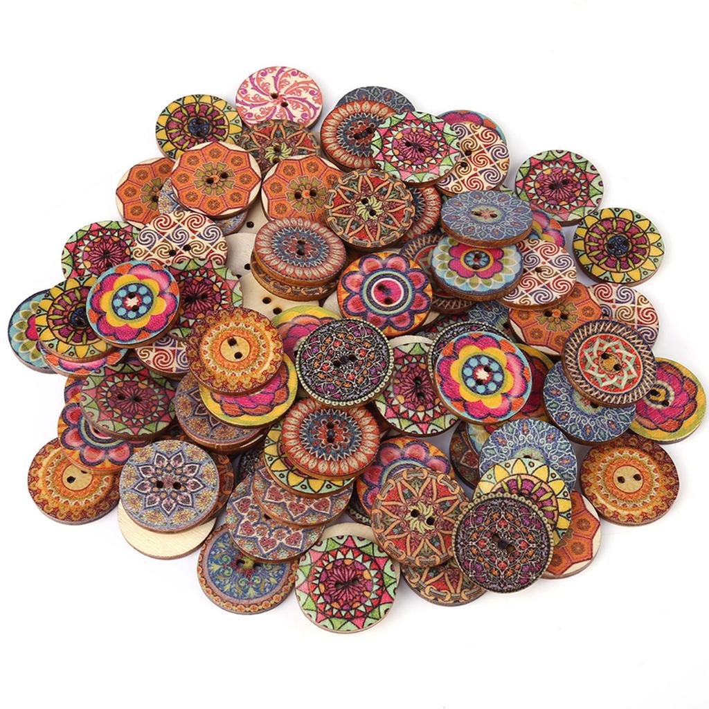 100 Pcs Mixed Pattern Vintage Wood Buttons with 2 Holes for DIY Sewing Craft Decorative 25mm