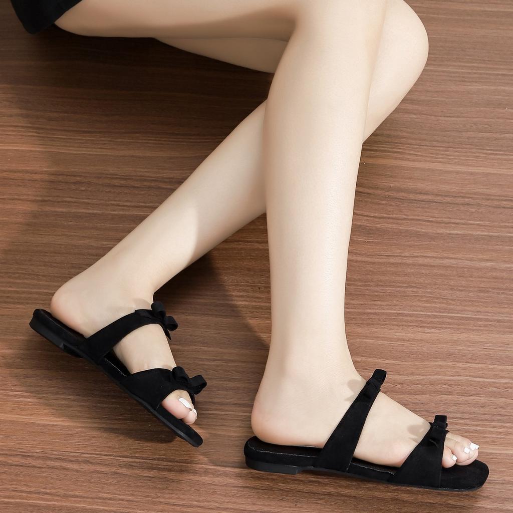 Grape mother summer fairy style temperament flat bottom cool slippers female bow double row with soft sole sandals female summer