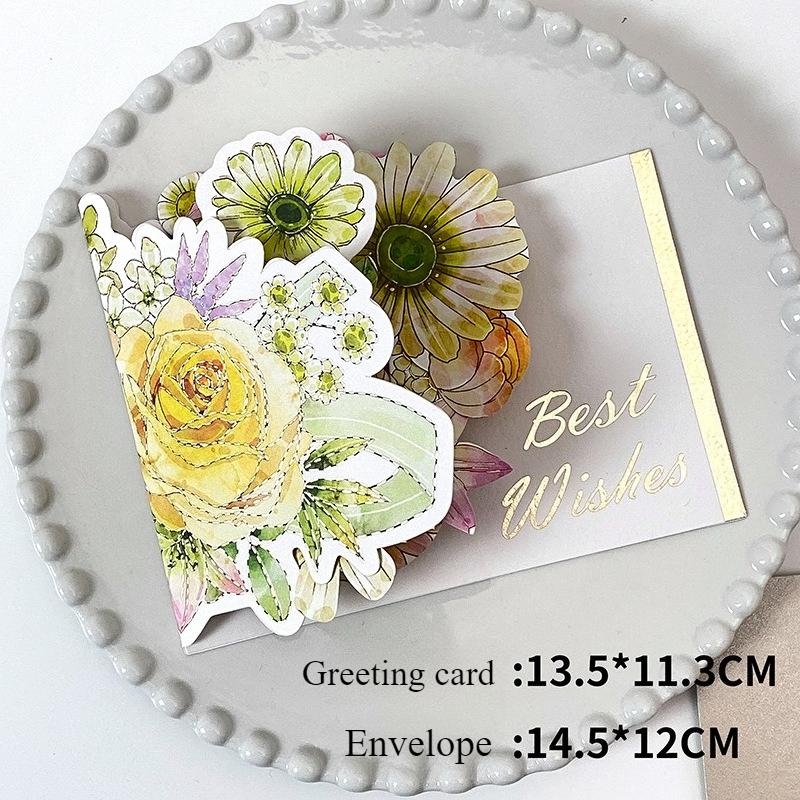 Birthday Gift Creative Watercolor Flower Greeting Card 3D Surprise Blessing Card Envelope Set Holiday Universal Best Wishes