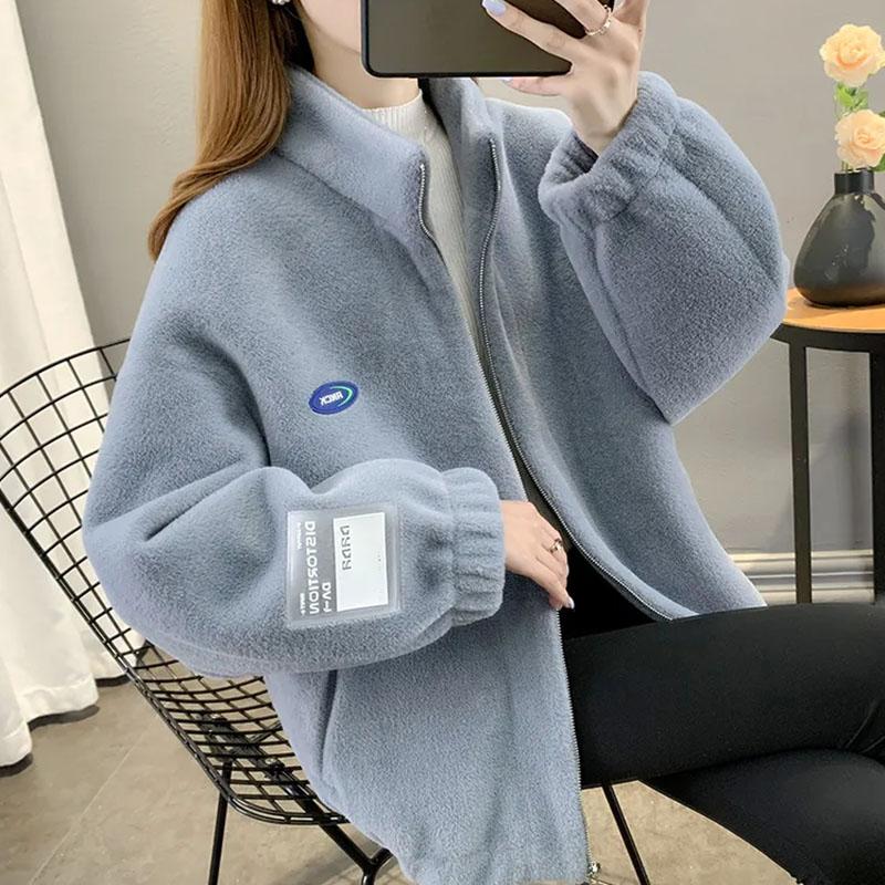 

Пальто для женщин Флис Утолщенный Плюшевый Осень Зима Воротник-стойка Топ Оверсайз Повседневная Куртка на молнии L