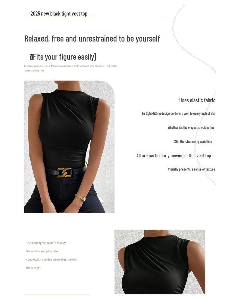 2025 Fashion Sleeveless Semi-high Neck Ruched Pullover Vest