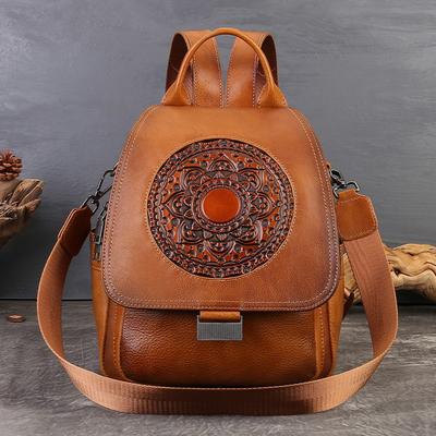 Retro Genuine Leather Multifunctional Backpack Embossed Large Capacity Women's Shoulder Backpack