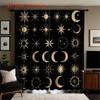 Set Of 2 Celestial Curtains Golden Sun Moon Stars Planets Print Black Background Semi Polyester Window Drapes Rod Curtain With Light Filtering