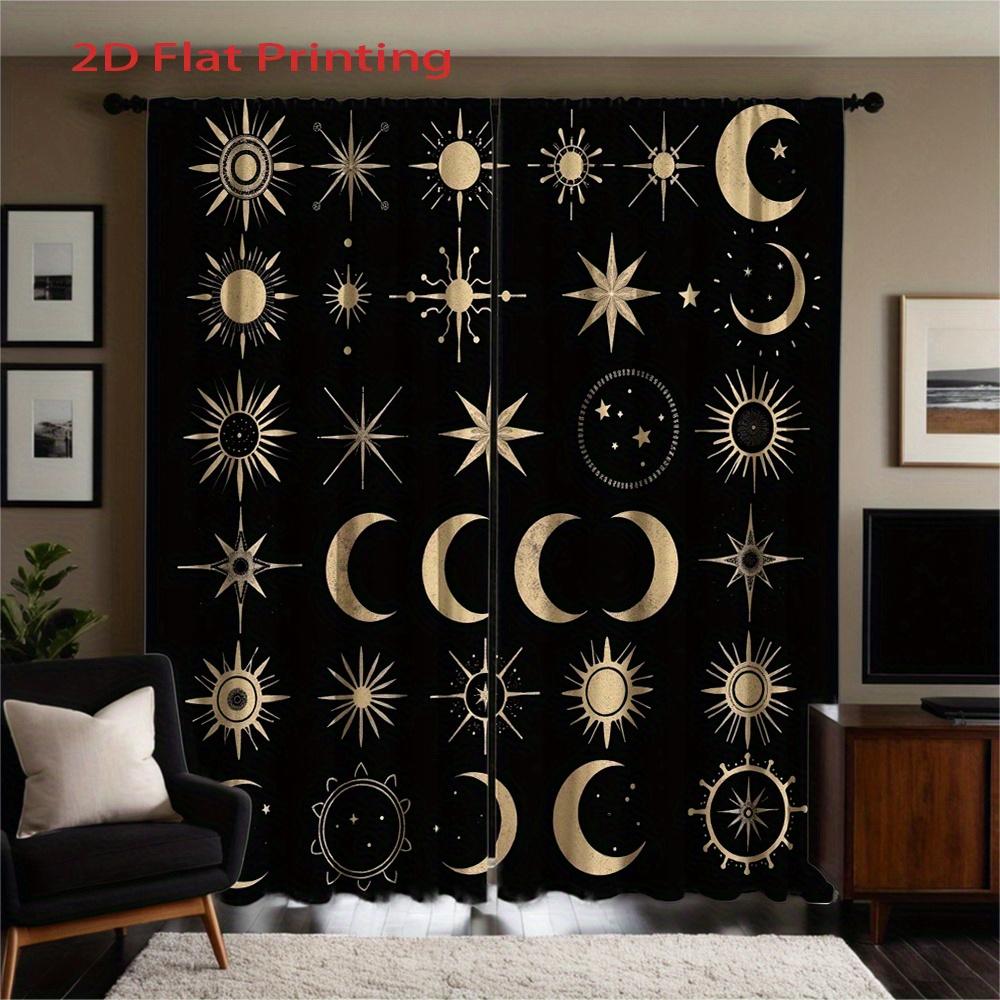 Set Of 2 Celestial Curtains Golden Sun Moon Stars Planets Print Black Background Semi Polyester Window Drapes Rod Curtain With Light Filtering