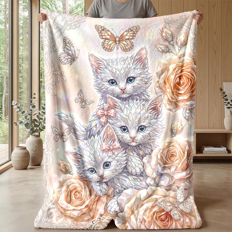 Butterflies and Kittens Garden blanket Personalized Name Flannel Blanket Soft Cozy Plush Throw for Sofa Bed Lightweight Home Decor