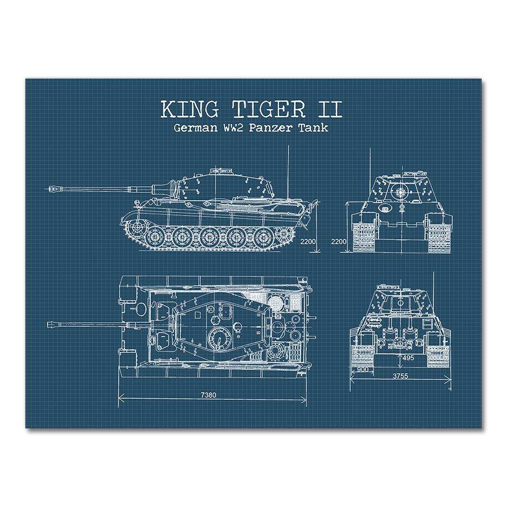 WW2 Tank Patent Vintage Posters and Prints German Tank King Tiger 2 Blueprint Art Canvas Painting Boys Gifts Wall Art Decor