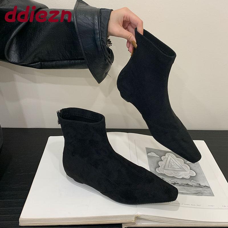 Fashion Fashion Flock Women Ankle Boots Zippers Shoes Female Pointed Toe Footwear Ladies Short Modern Boots With Low Heel Shoes