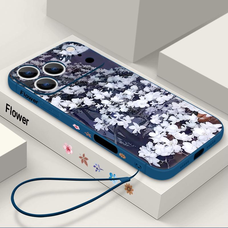 Wrist Strap Lanyard TPU Phone Case For iPhone 17 16 15 Pro Max 13 14 Pro Max 17e 16e 11 White Flower Soft Silicone Back Cover