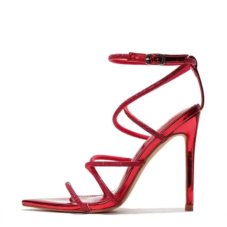 Fashion Solid Color Rhinestone Chain Cross Tie Toe Exposed Toes Sandals European American Hollow Sexy Pointed Party Sandals Size 35-44