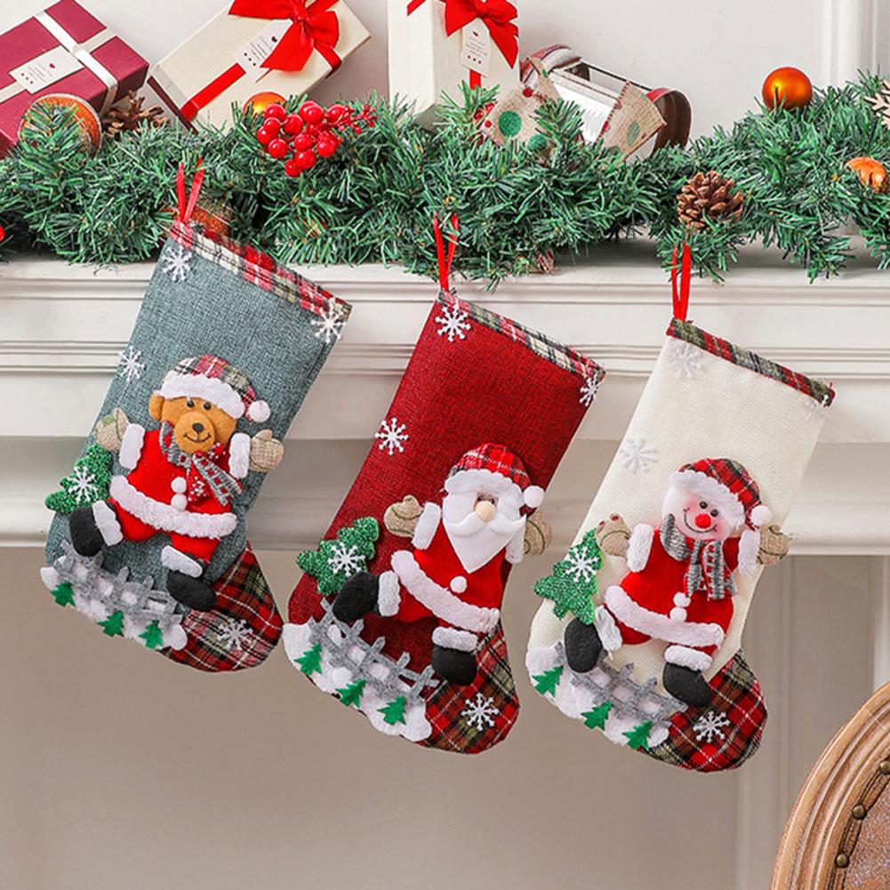 Bright Color Christmas Stocking Soft Christmas Stockings 4 Pcs Burlap Christmas Stockings Set 3d Santa Snowman Elk for Fireplace