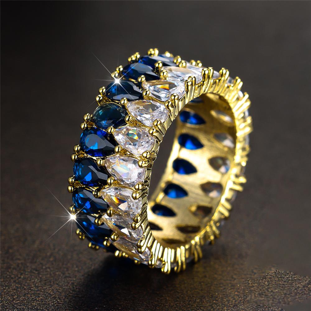 Luxury Female Crystal Blue Purple White Zircon Stone Water Drop Engagement Ring Vintage Gold Color Wedding Jewelry For Women