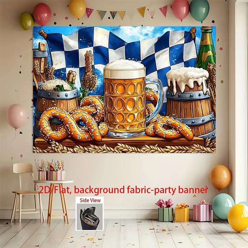 2D Oktoberfest Bier Brezel Banner Blau Weiß Karierte Fahne Kulisse für Party