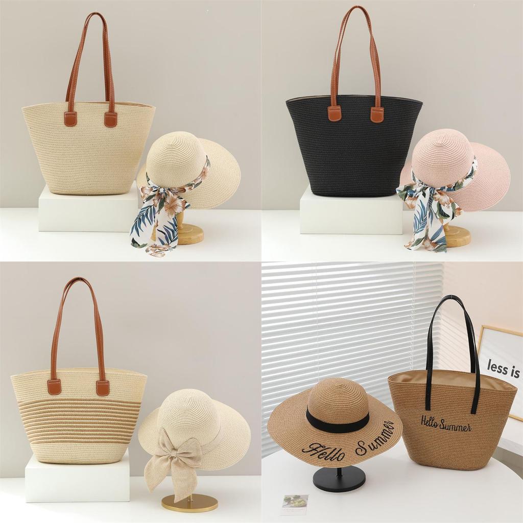 Straw Hat And Bag Set With Sun Protection For Outdoor Travel Casual Summer Adults