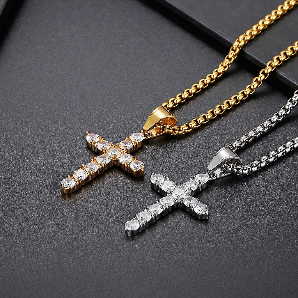 Golden Zircon Cross Pendant Jesus God Bless Stainless Steel Rock Men's Necklace Jewelry