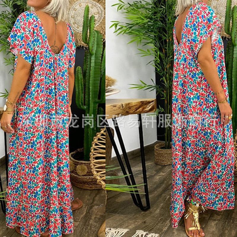 Summer Loose Plus Size Long Printed Bohemian Dress Wind Short Sleeves