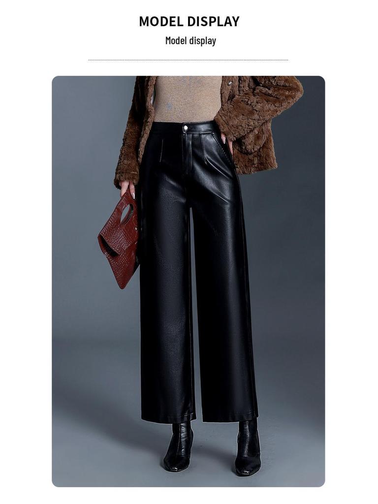Women's High-Waisted Leather Pants - 2025 Autumn/Winter Loose Straight-Leg Lambskin