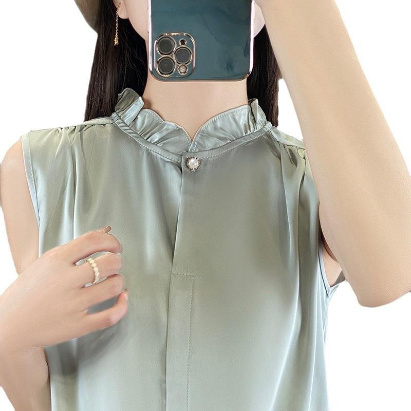 Womens Sleeveless Tank Top With High Neck Acetate Fabric For Office Wear