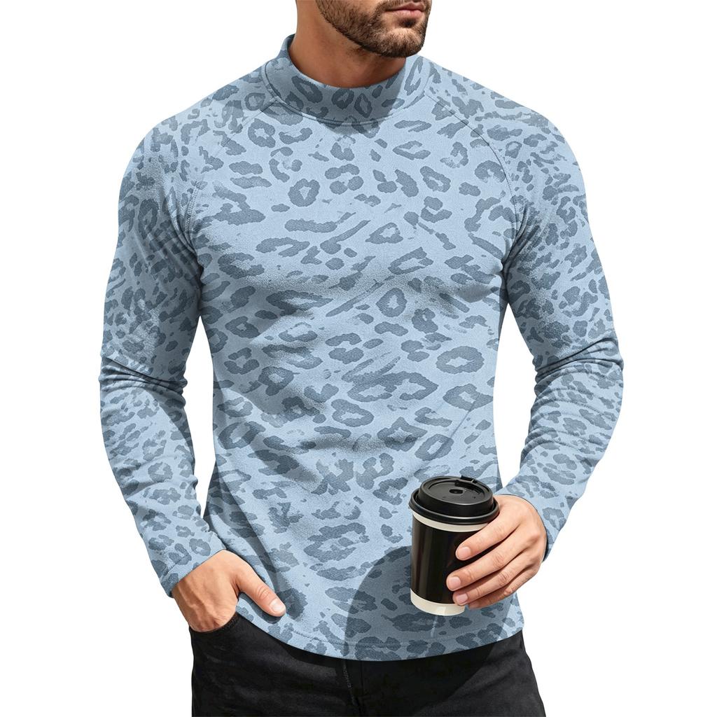 Men's Leopard Print Long Sleeve Crewneck Base Layer Shirt for Fall Winter Everyday Wear