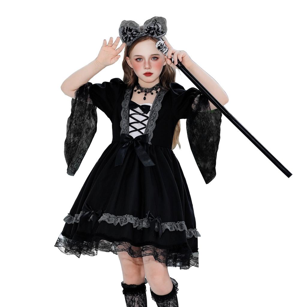 Halloween Kids Costume Funny Dress Up Witch Stage Show Costume Girl Vampire Witch Lace Dress