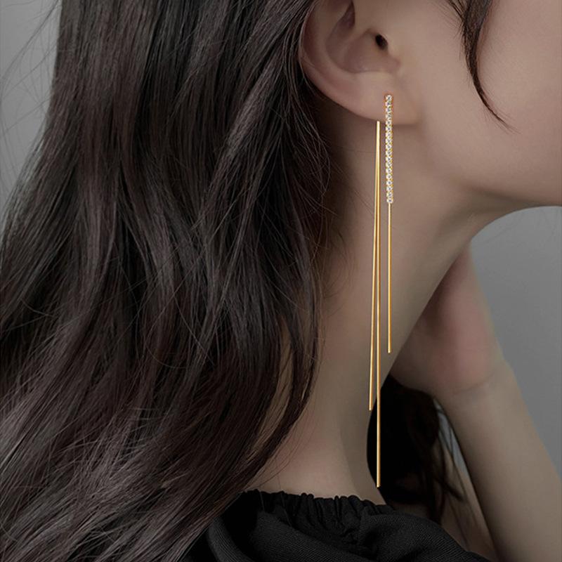 New Silver Color Long Tassel Drop Earrings for Women Style Back Hanging Earlines Shiny Zircon Fashion Earrings Wedding Jewelry