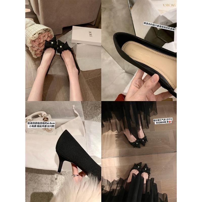 Carver Daughter Pointed Bow Pearl Flat Commuter Shoes Women's High Heels Wedding Shoes