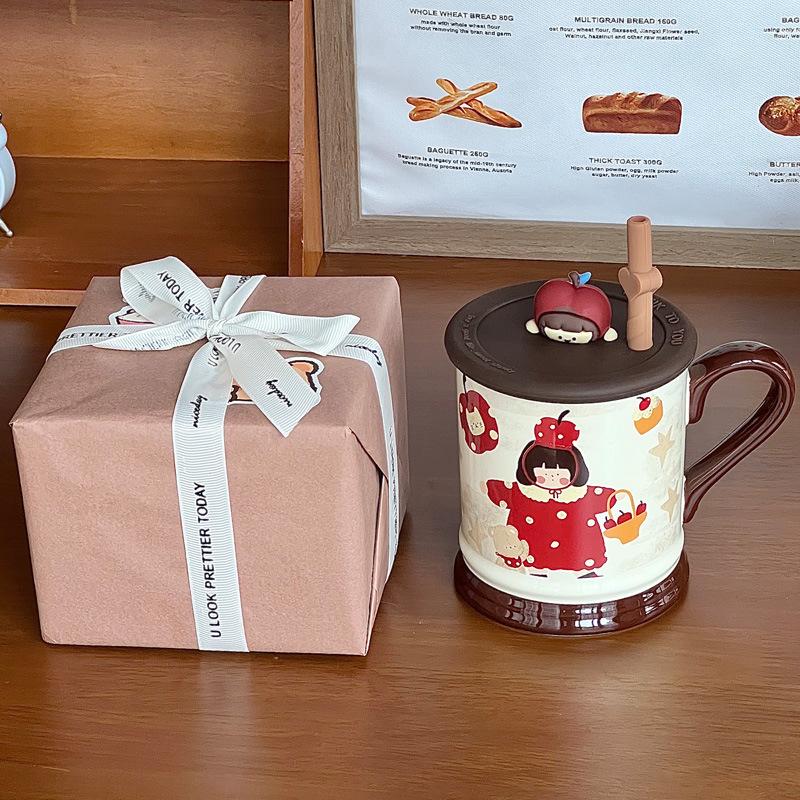 Retro Family Four-mouth Water Cup Cute Couple Ceramic Mug with Lid Home Coffee Cup Girl Birthday Gift