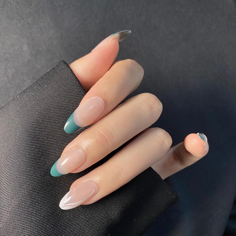 Emerald Almond Shape French Nude Manicure Wearable Nails