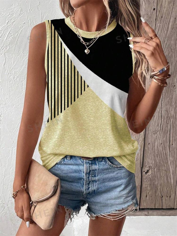2026 New Striped Print Women's Elegant Tank Top Summer Street Fashion Tank Top Everyday Casual Women's Sleeveless T-shirt