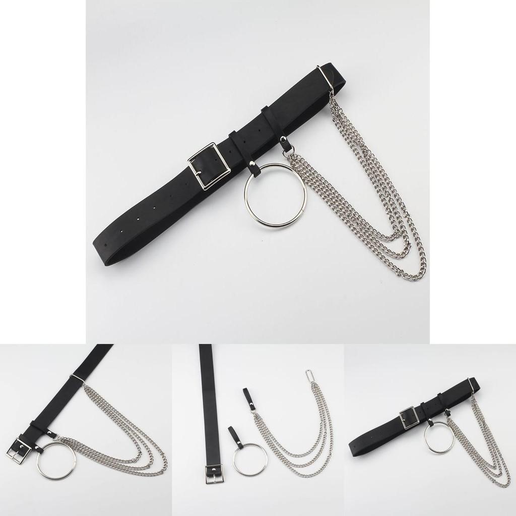Fashionable Black Waist Belt With Circular Ring And Chain Tassel For Men And Women Fashion Accessory