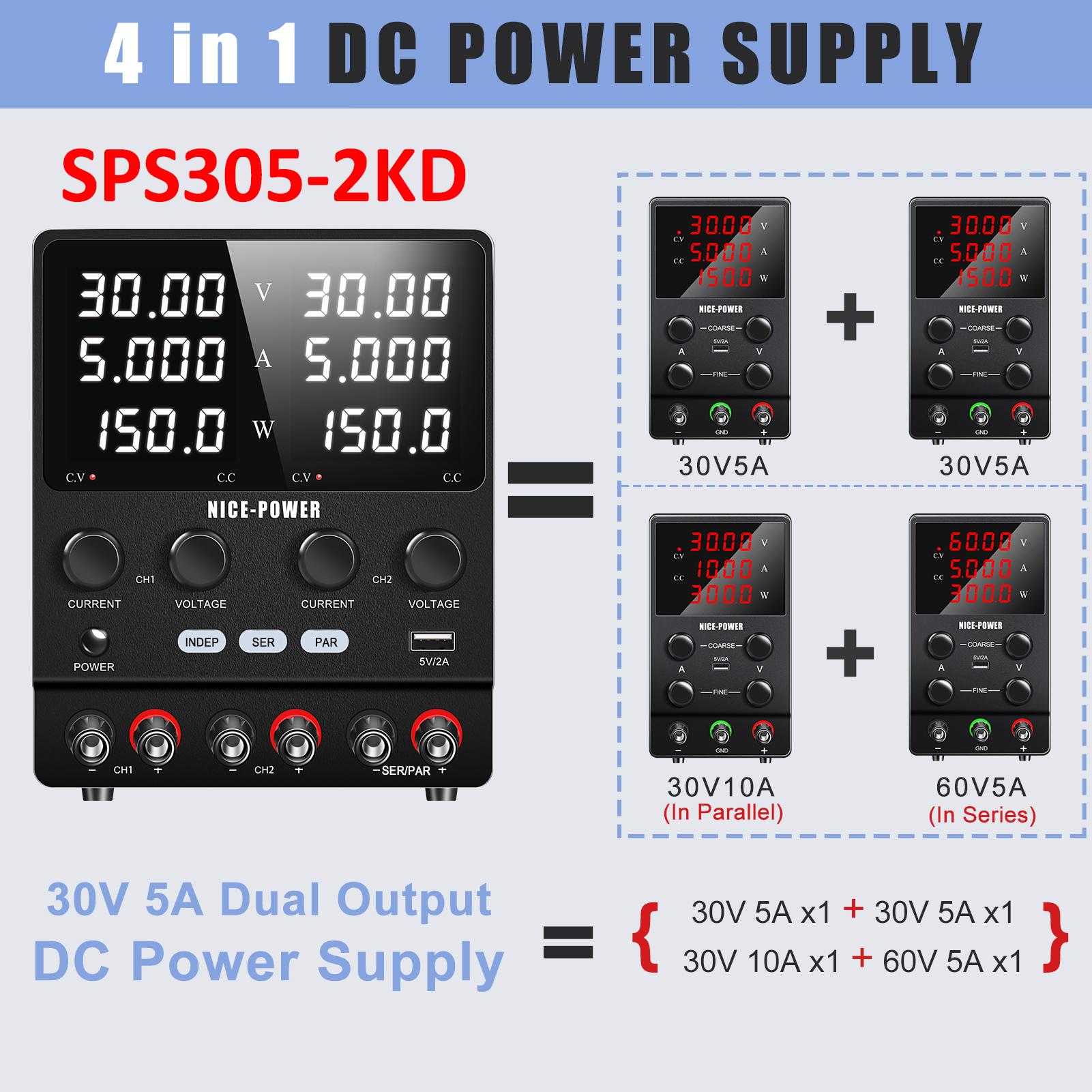 Doppia Alimentazione da Laboratorio NICE-POWER 30V 5A 4 in 1 Alimentatore da Laboratorio Uscita Doppia Indipendente Serie e Parallelo SPS305-2KD Ingre