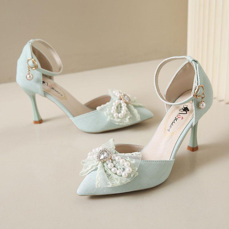 High Heels Women's New Spring and Autumn Hollow Pointed Pearl Bow One-word Buckle Stiletto Single Shoes Women