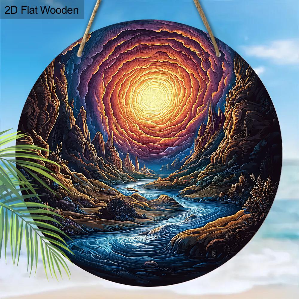 Swirl Sky Canyon River Landscape Round Wooden Hanging Sign, 2D Flat Printed Nature Wall Door Ornament, Scenery Home Decor Gift