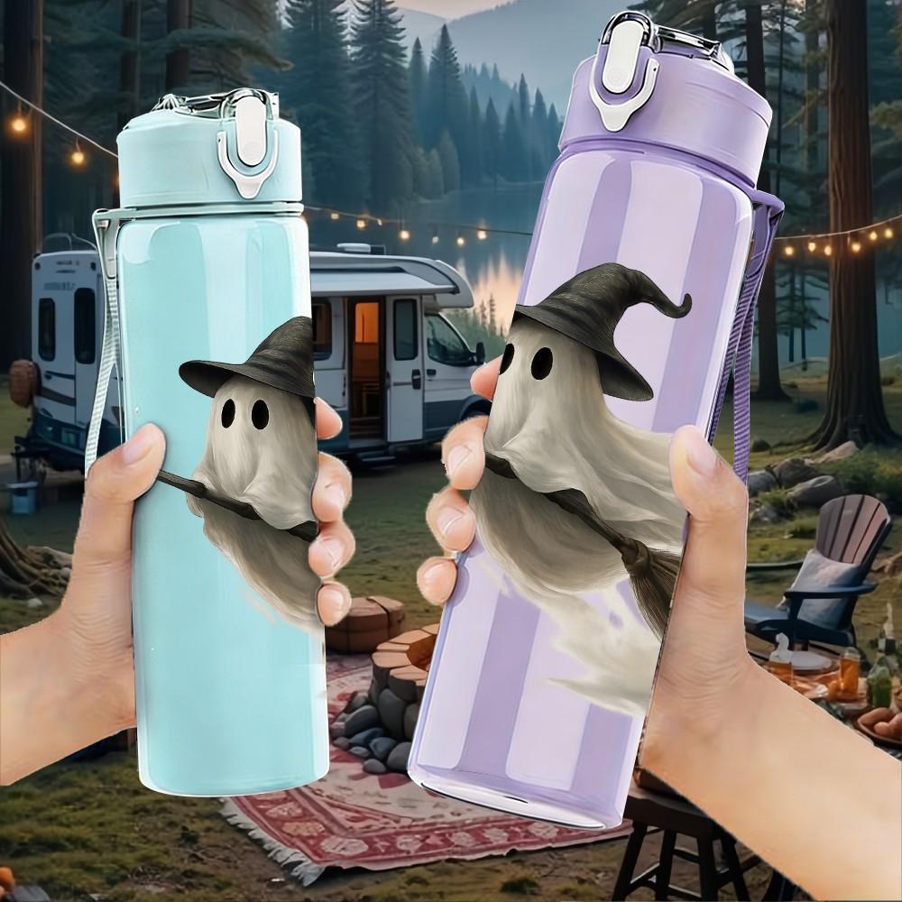 1PC Flying Witch Broom Halloween Pattern 750ml Color Plastic Sports Water Bottle Leakproof Flip Straw Lid Suitable for Sports Office Home Use