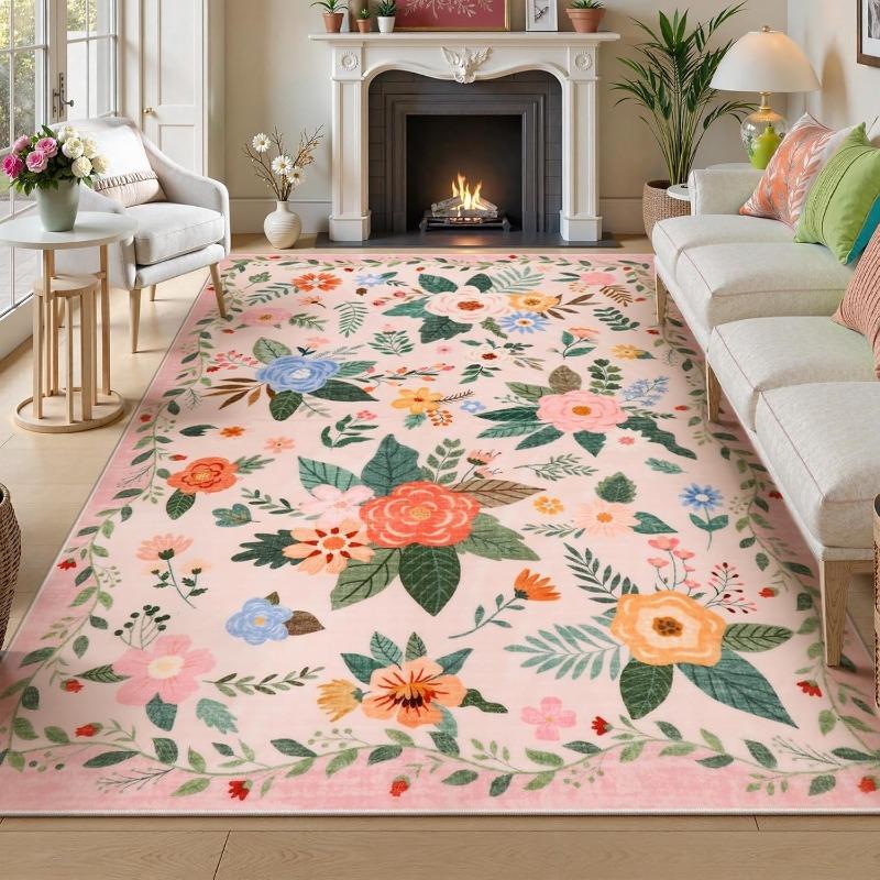 Purple Floral Living Room Carpet Washable Rugs for Bedroom Aesthetic Sofa Coffee Table Mat Modern Nursery Decoration Floor Mats