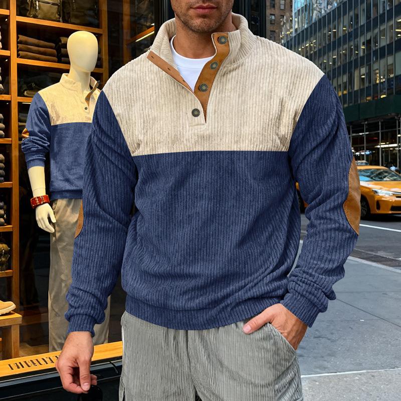 Outdoor Men's Casual Loose Ami Khaki Corduroy Henry Contrast Color Commuting Sweatshirt