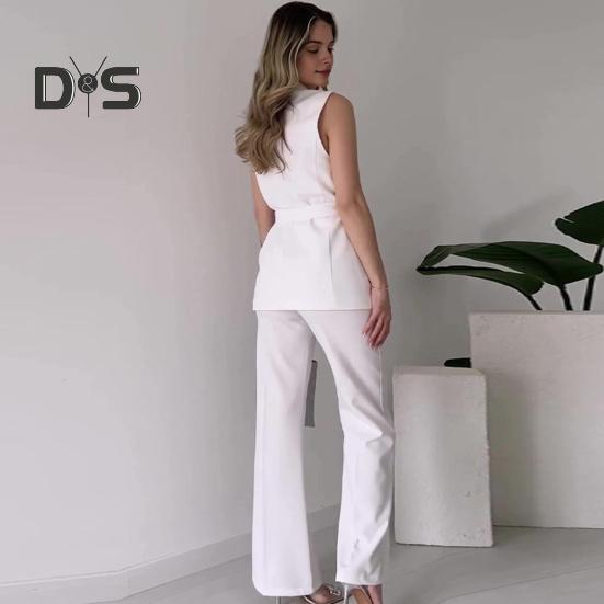 2 Pcs/Set Women Coat Pants Set V Neck Lace-up Slim Waist Mid Length Cardigan Sleeveless Jacket Wide Leg High Waist Straight Trousers Lady Formal