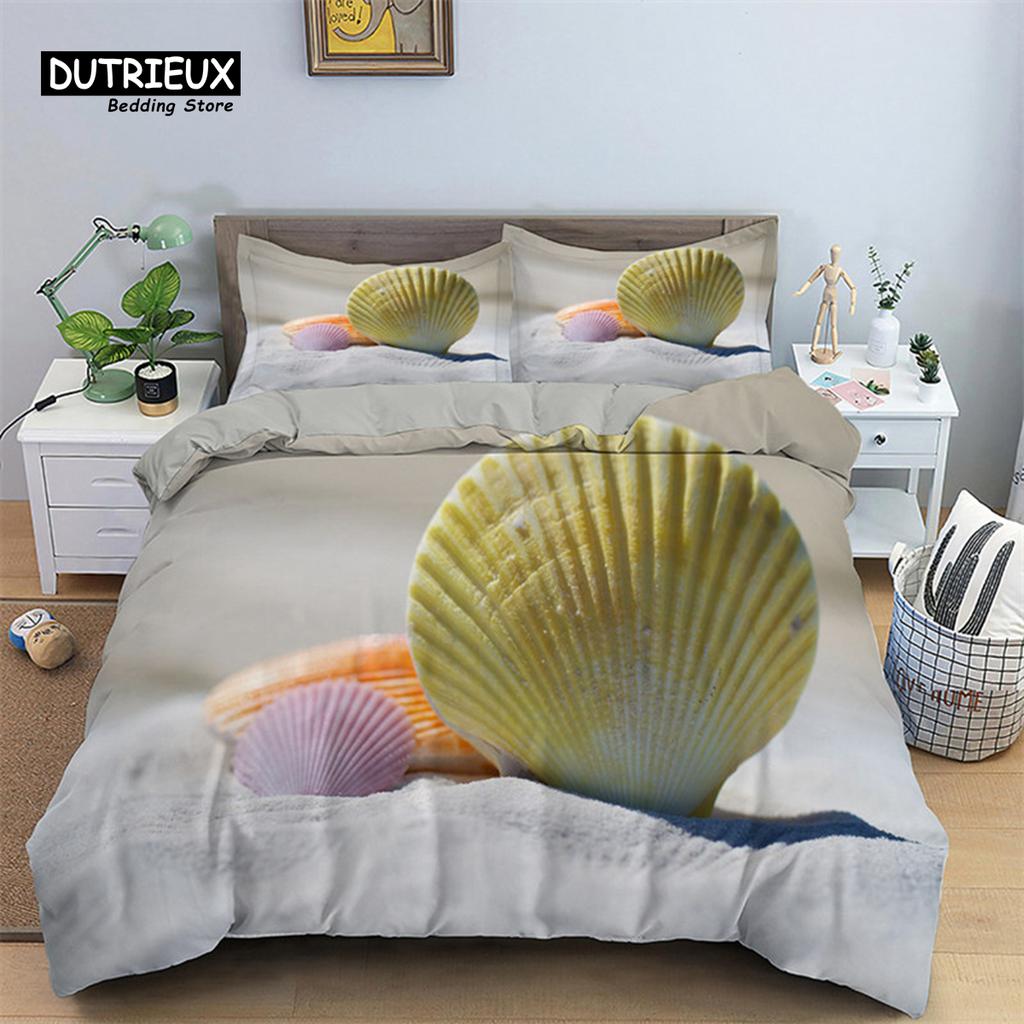 Seestern Muschel Strand Bettwäsche Set Mikrofaser Küste mit Sand mit buntem verschiedenen Muscheldruck Bettbezug Schlafzimmerdeko