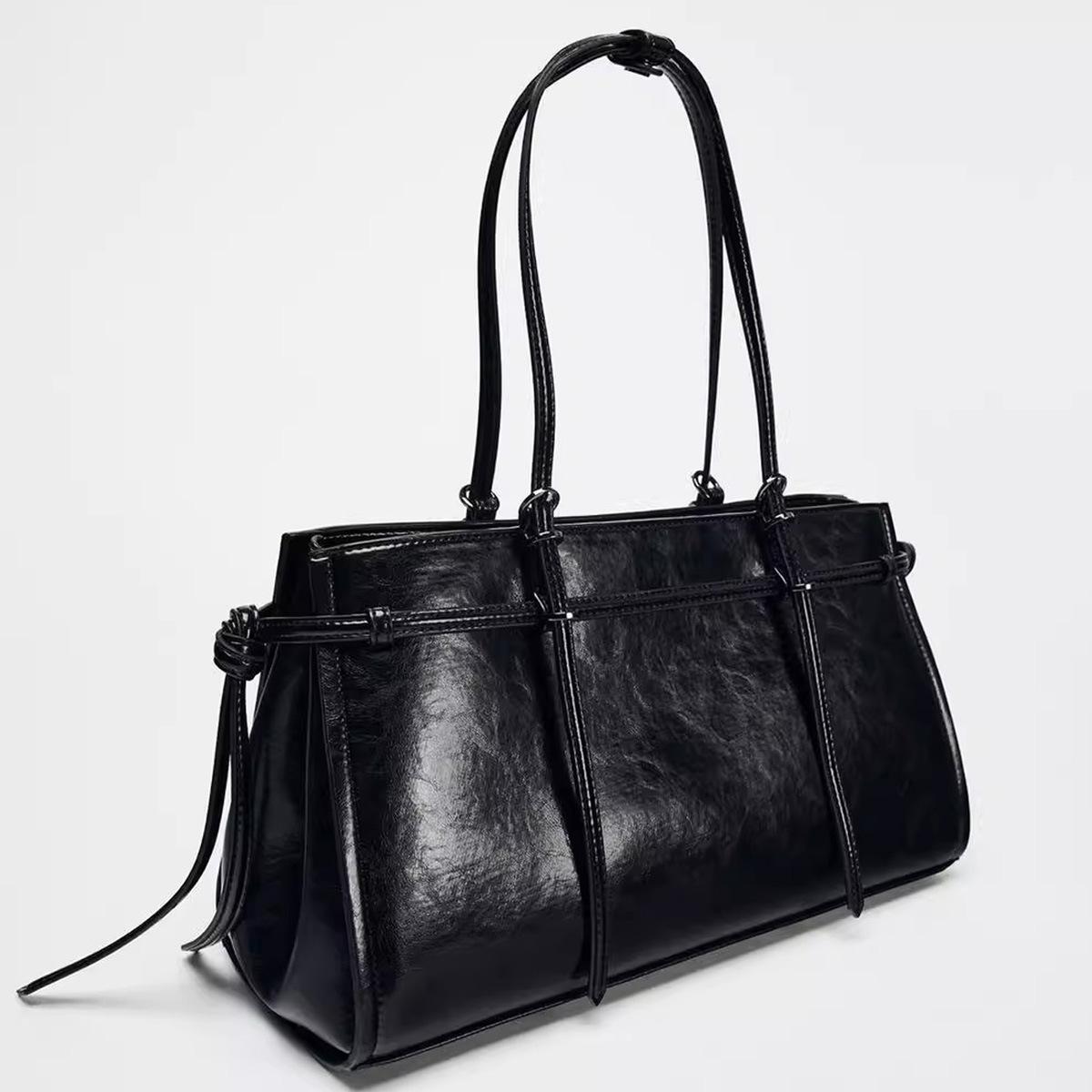 

Large Black PU Leather Tote Bag Top Handle Women s Handbag Woven Design Shoulder Bags for Women Luxury Commuting Shopper Purses 36.5x13x18cm