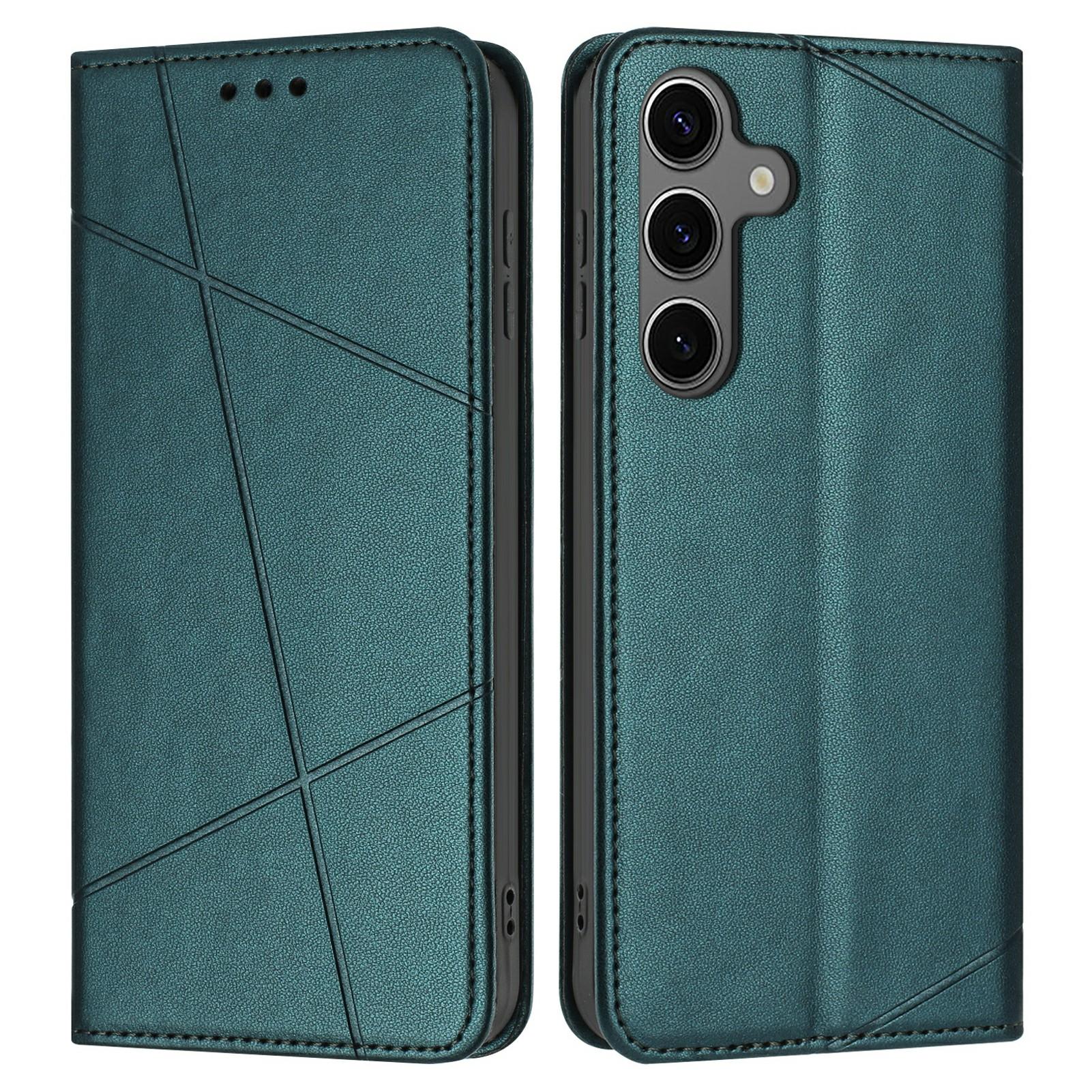 

For Samsung Galaxy S25+/S24+ Wallet Case Line Imprinted Leather Stand Phone Cover with Wrist Strap Green